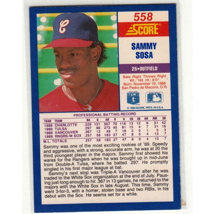 1990 Score Sammy Sosa RC rookie card #558 – White Sox