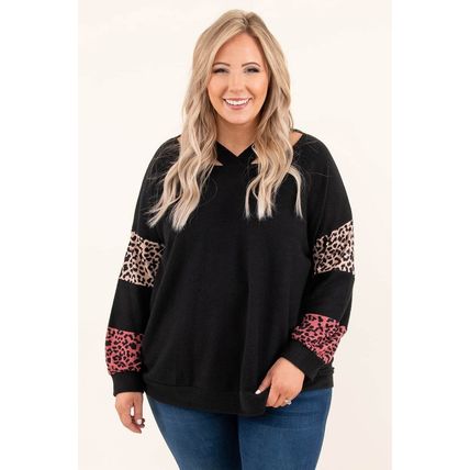 Black Plus Size Leopard Patchwork Strappy Neck Top