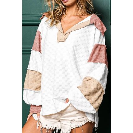 White Plaid Patchwork Exposed Seam V Neck Loose Blouse