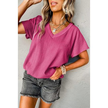 Bright Pink Crinkled V Neck Wide Sleeve T-shirt