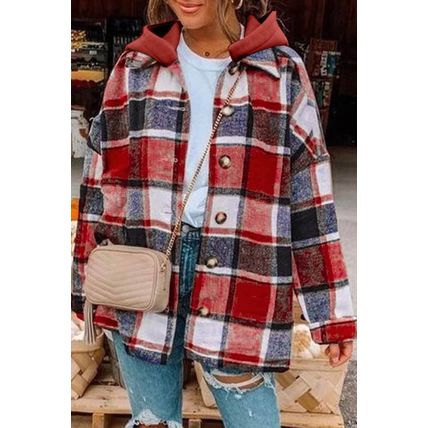Red Hooded Plaid Button Front Shacket