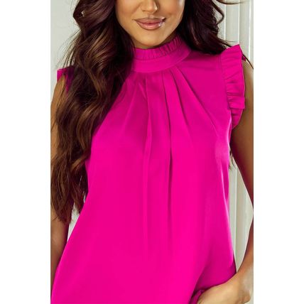 Bright Pink Pleated Mock Neck Frilled Trim Sleeveless Top