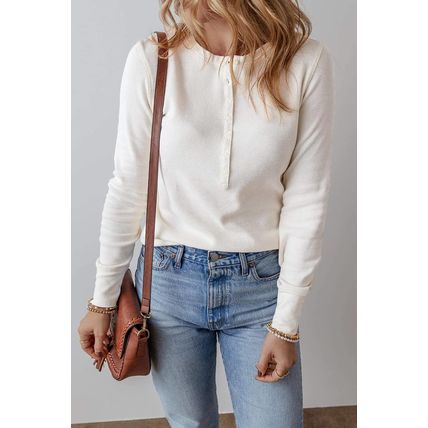 White Solid Color Waffle Half Button Long Sleeve Top
