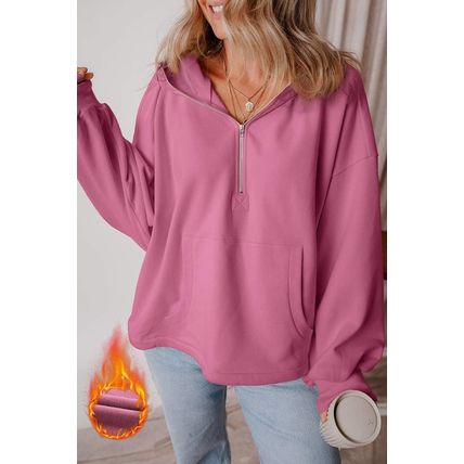 Valerian Fleece Lined Half Zipper Kangaroo Pockets Loose Hoodie