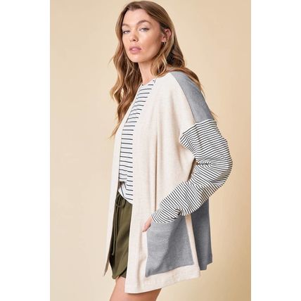 Black Stripe Colorblock Patchwork Open Front Cardigan with Pocket