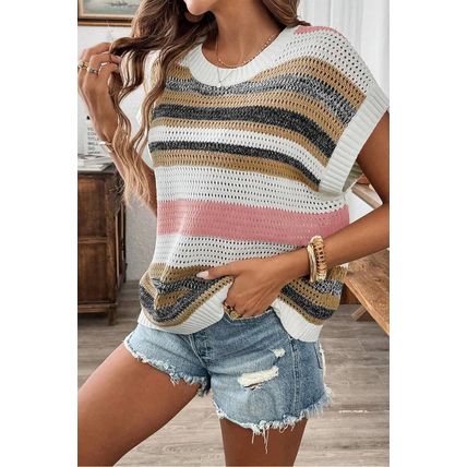 Pink Stripe Color Block Eyelet Knit Short Sleeve Sweater Tee