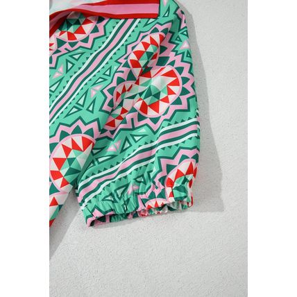 Mint Green Geometric Butterfly Print Split Neck Short Sleeve Dress