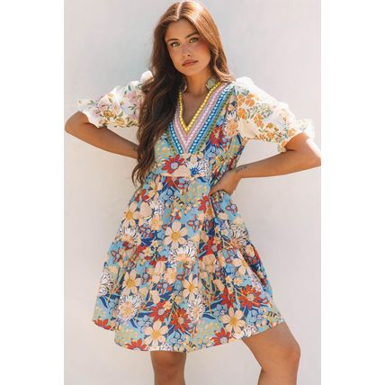 Multicolour Boho Floral Print Crochet Patchwork V Neck Loose Mini Dress