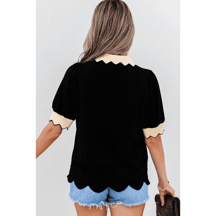 Black Contrast Scalloped Collar Cuffs Rodeo Patched Graphic Short Sleeve Top