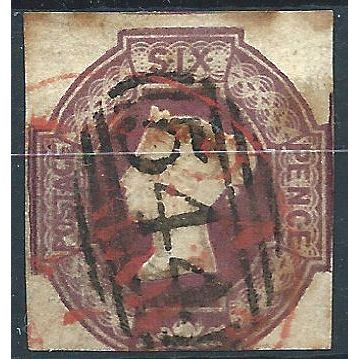 1854 SG58 6d Mauve EMBOSSED Cut Square Average Used, some toning ..