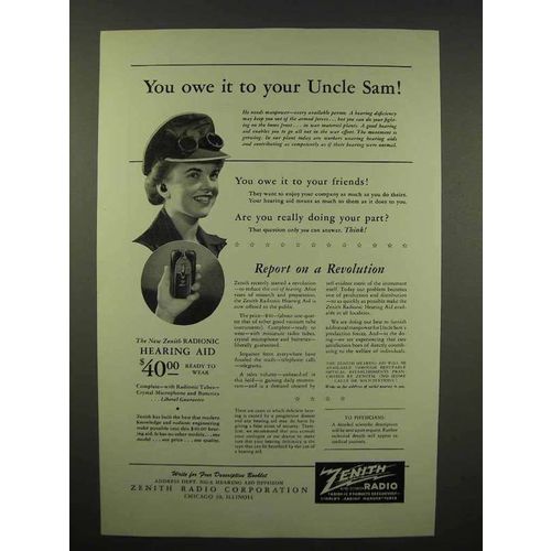 1944 Zenith Radionic Hearing Aid Ad - Owe Uncle Sam
