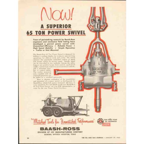 BAASH-ROSS TOOL COMPANY 1962 superior 65 ton power swivel vintage ad