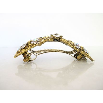 Large bronze gold bow leaves flowers amber purple blue crystal hair barrette