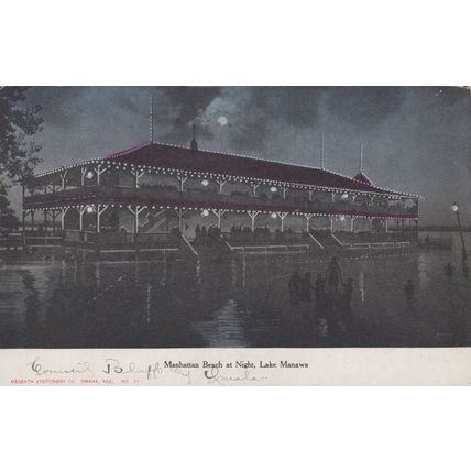 ZAYIX US Postcard Manhattan Beach at Night, Lake Manawa, Omaha NE 0324M0369