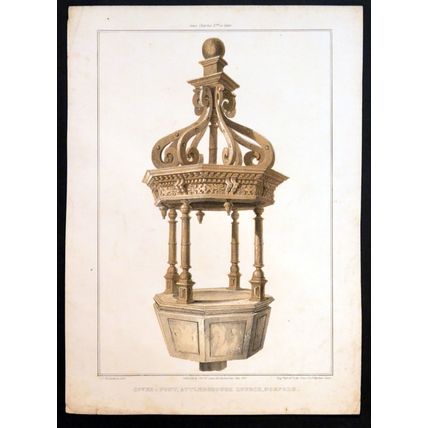 COVER TO FONT, ATTLEBOROUGH CHURCH, NORFOLK 1841 VICTORIAN LITHOGRAPH