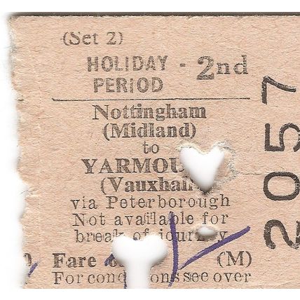 B.R.B. Edmondson Ticket - Nottingham Midland to Yarmouth Vauxhall
