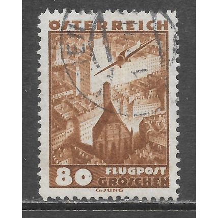 AUSTRIA 1935 AIR POST AIRMAIL 80g PLANE OVER CITY VIENNA USED