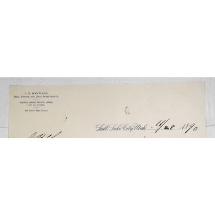 1890 C E Wantland, Real Estate Investments Salt Lake City, Utah. Original letter