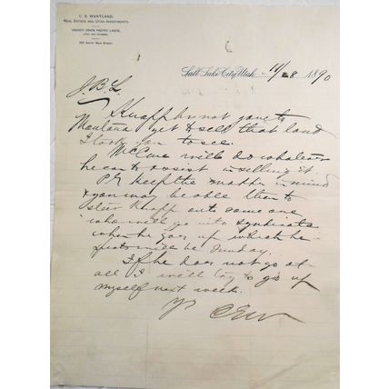 1890 C E Wantland, Real Estate Investments Salt Lake City, Utah. Original letter