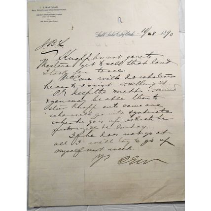 1890 C E Wantland, Real Estate Investments Salt Lake City, Utah. Original letter