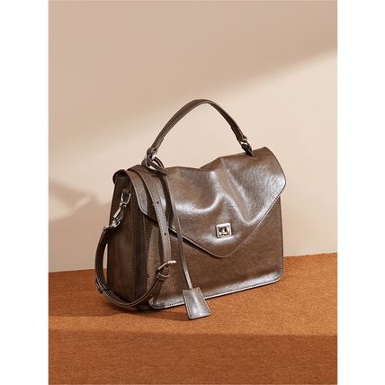 Genuine Leather Women Medium Top Handle Handbags Brown