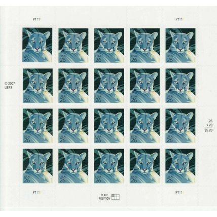 Florida Panther Sheet of Twenty 26 Cent Postage Stamp Scott 4139
