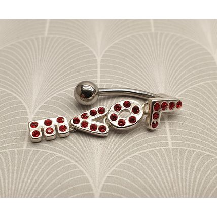 925 Sterling Silver and Surgical Steel Red Crystal 'LOVE' Belly Bar - Brand New