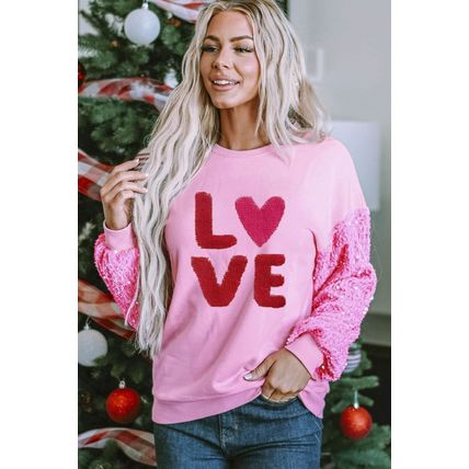 Pink Valentines LOVE Chenille Embroidered Sequin Sleeve Sweatshirt