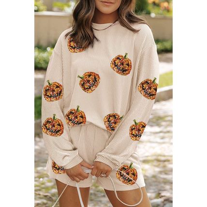 Parchment Halloween Sequin Pumpkin Corded Two Piece Shorts Set