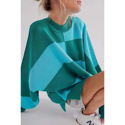 Green Checkered Side Slits Drop Shoulder Oversized Sweater