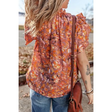 Orange Floral Print Ruffled Flutter Sleeve Frilled V Neck Blouse