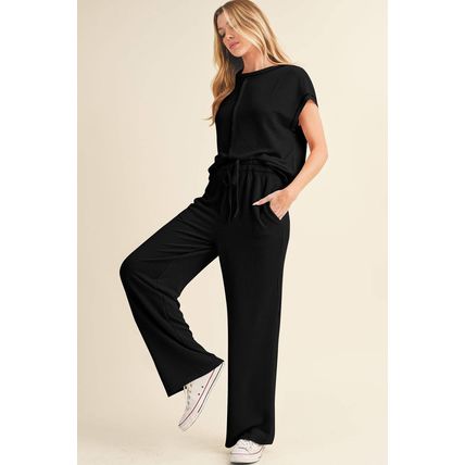 Black Solid Color Corded Short Sleeve Top and Casual Pants Set