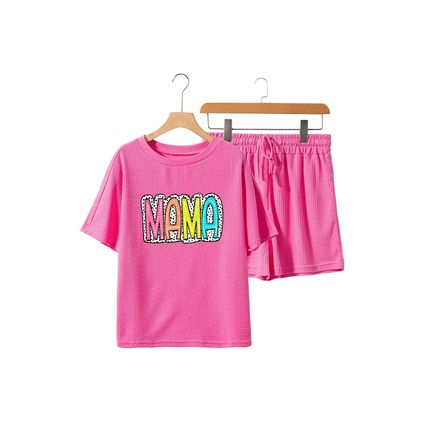Rose Red MAMA Cheetah Frame Graphic Waffle Knit Short Set