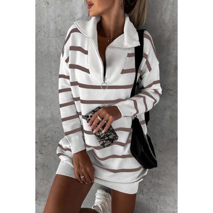 Brown Striped O-ring Zip Collared Loose Sweater Mini Dress