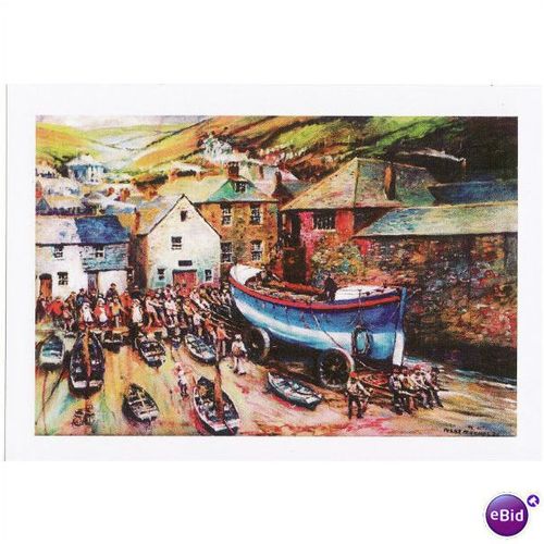 Marine Art Postcard Winter Rescue Frank McNichol Cornwall Lifeboat Boat Harbour
