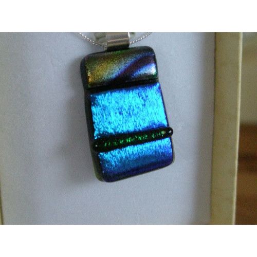 Beautiful Blue Dichroic Glass & Sterling Silver Pendant With Chain