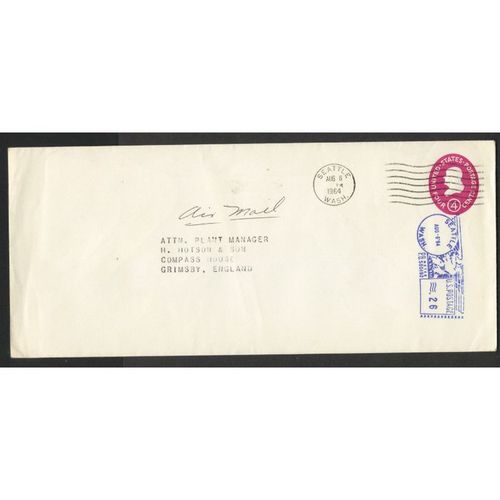 USA 1964 4C STATIONERY ENVELOPE POSTED TO ENGLAND FROM SEATTLE