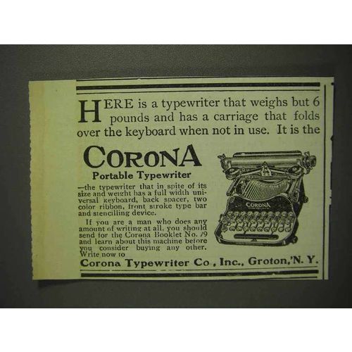 1914 Corona Portable Typewriter Ad - Carriage Folds