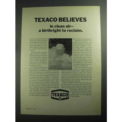 1968 Texaco Oil Ad - Belives In Clean Air a Birthright