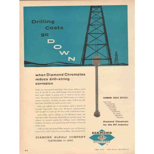 DIAMOND ALKALI COMPANY 1954 oil gas drilling costs go down vintage ad