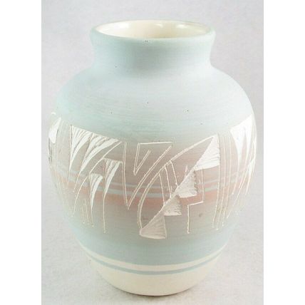 Vintage Mesa Verde Etched Pastel Pottery Vase Signed Native American USA