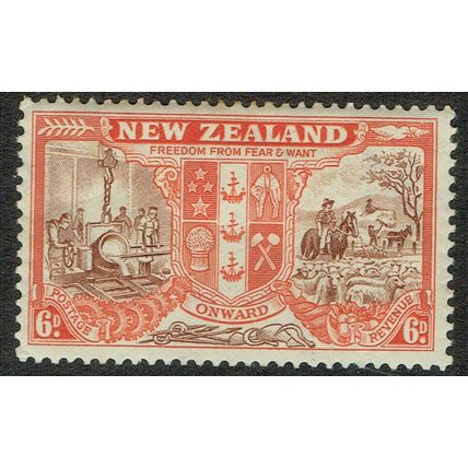 New Zealand 1946 Peace Issue 6d Chocolate and Vermilion SG674 MM
