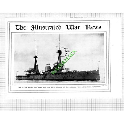 Battle Cruiser Ship INVINCIBLE World War One WW1 -1914 Cutting