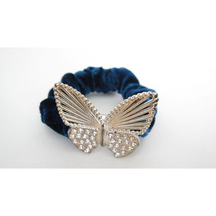 Butterfly blue gray teal hair tie pony tail holder scrunchie with crystals