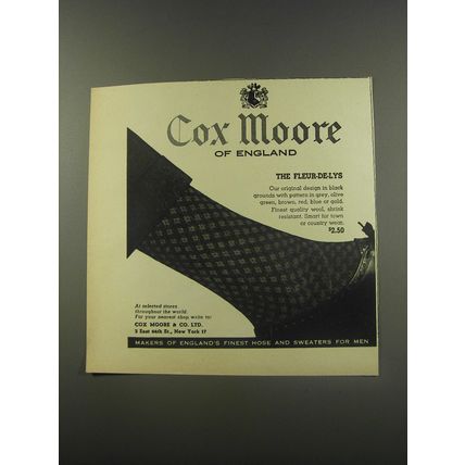 1956 Cox Moore of England Socks Ad - The Fleur-De-Lys