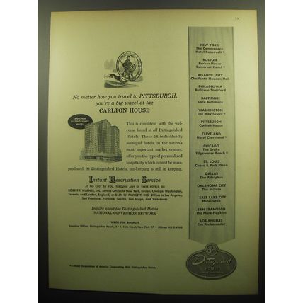 1958 Distinguished Hotels Ad - Pittsburgh Carlton House