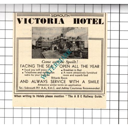 Victoria Hotel Sidmouth Small Advert - 1958 Cutting
