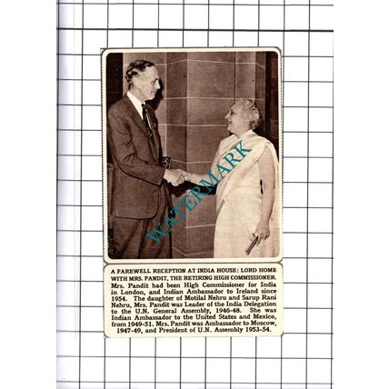 Lord Home Mrs Pandit High Commissioner India - 1961 Small Cutting
