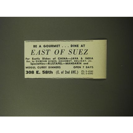 1960 East of Suez Restaurant Ad - Be a Gourmet.. Dine at East of Suez