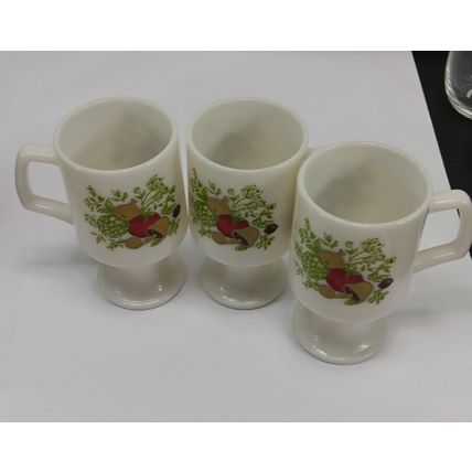 Vintage Mushroom&Herbs Print Milk Glass Pedestal Coffee Mug Set of 3 - 3 Inches